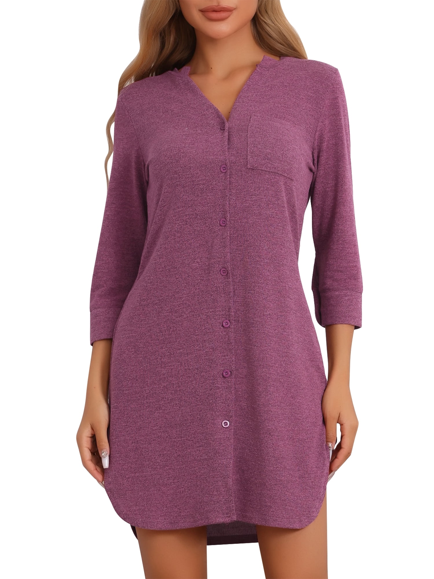 DARING DIVA Women's Half Sleeve Button Down Knit Strechy Soft Sleep Dress S Wine Red