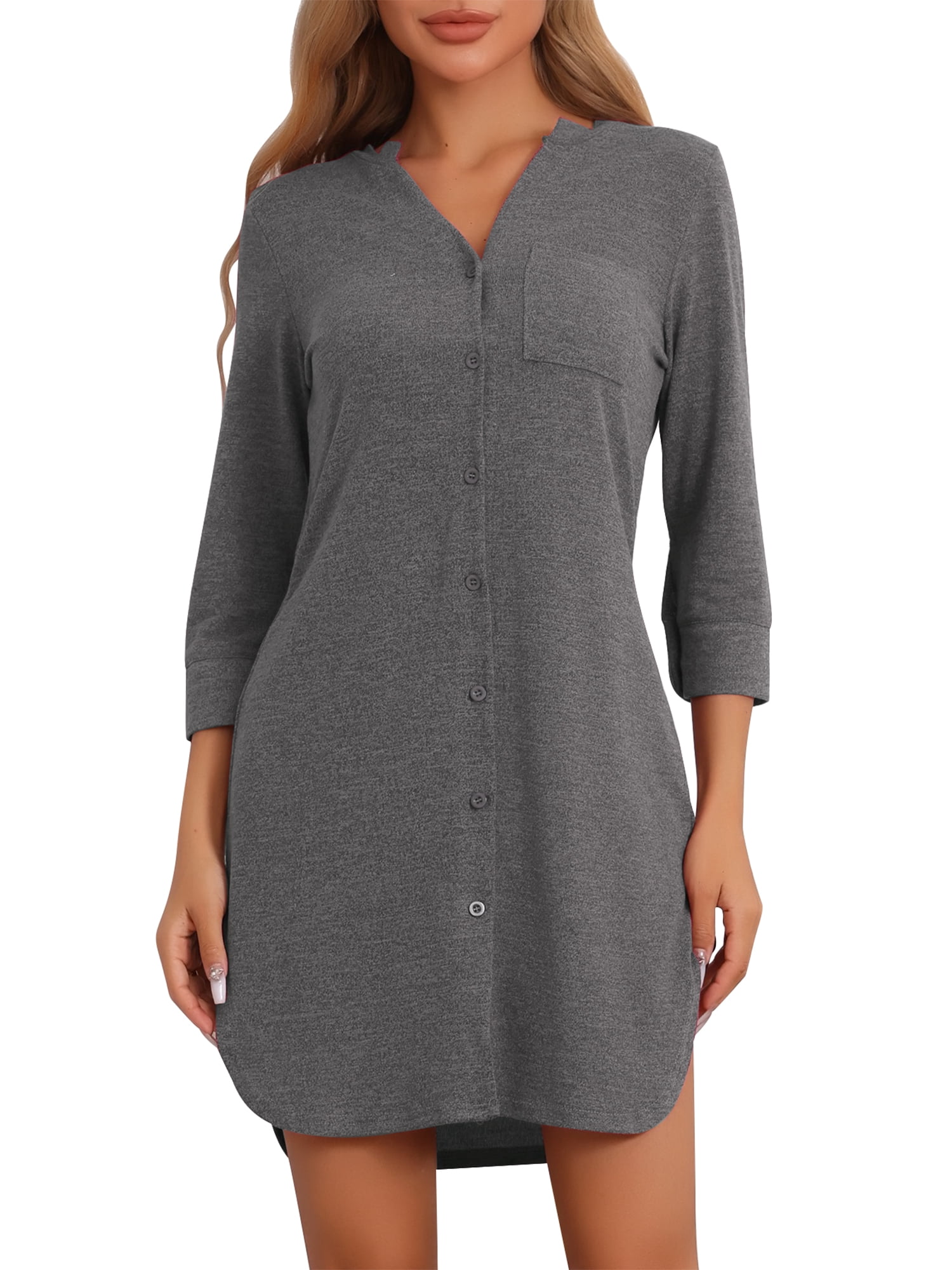 DARING DIVA Women's Half Sleeve Button Down Knit Strechy Soft Sleep Dress XL Deep Grey