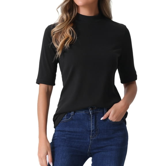 DARING DIVA Women's Half Sleeve Mock Turtleneck Casual Top M Black