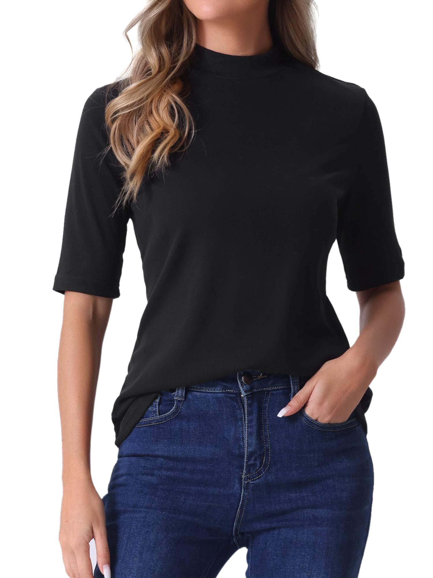 DARING DIVA Women's Half Sleeve Mock Turtleneck Casual Top S Black