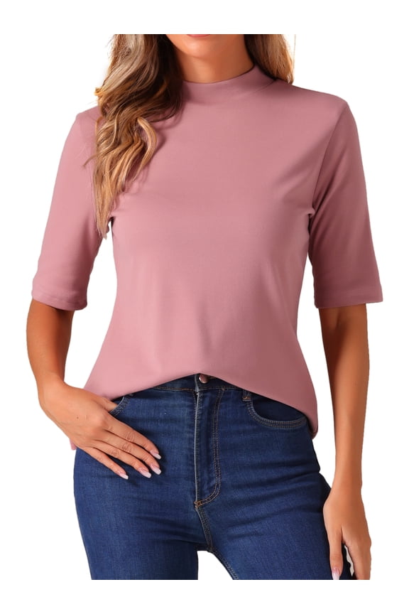 Women's Half Sleeve Mock Turtleneck Casual Top XS Dark Pink