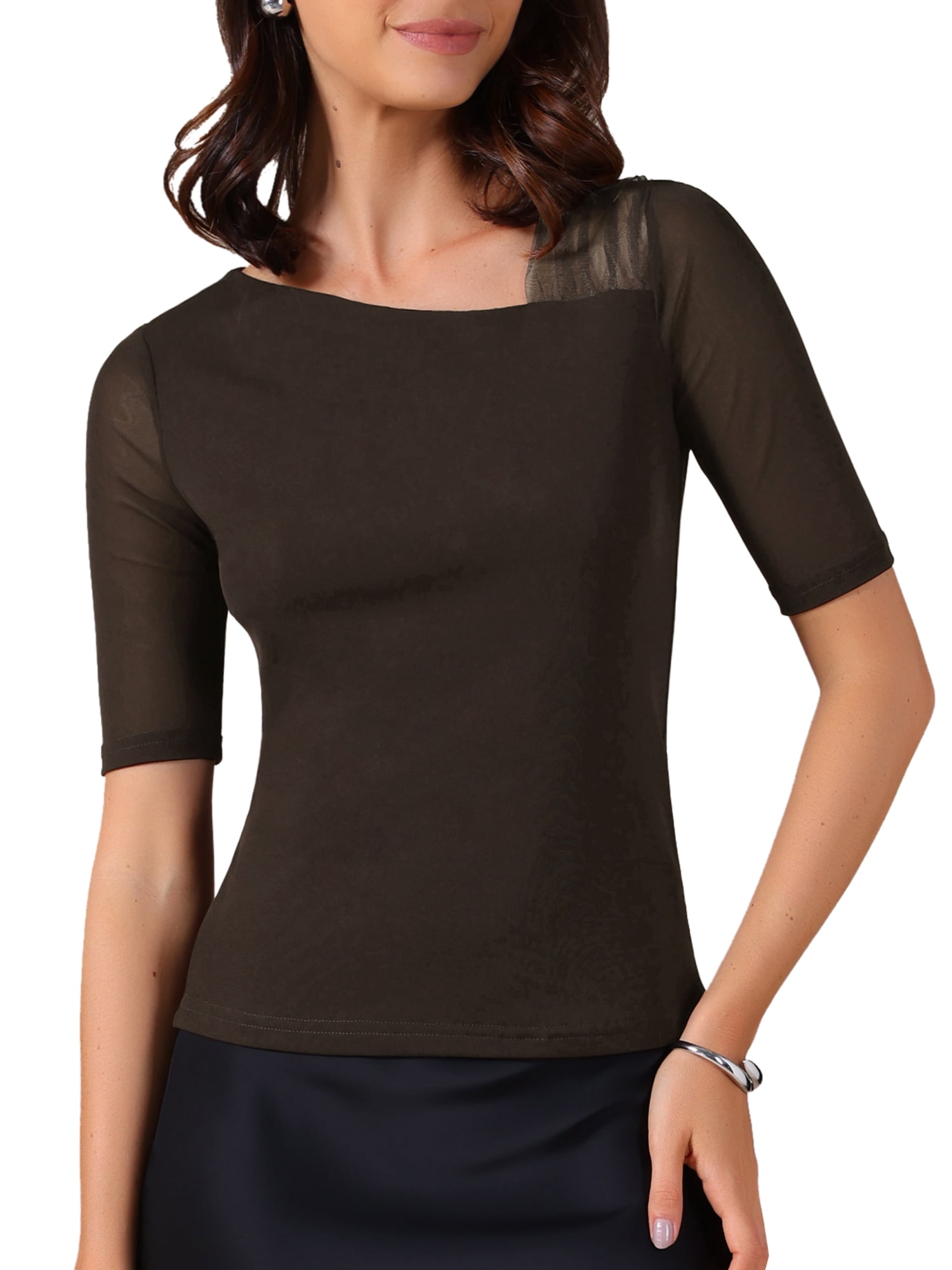 DARING DIVA Women's Half Sleeves Solid Color Stretchy Slim Fit T-Shirts 2XL Coffee