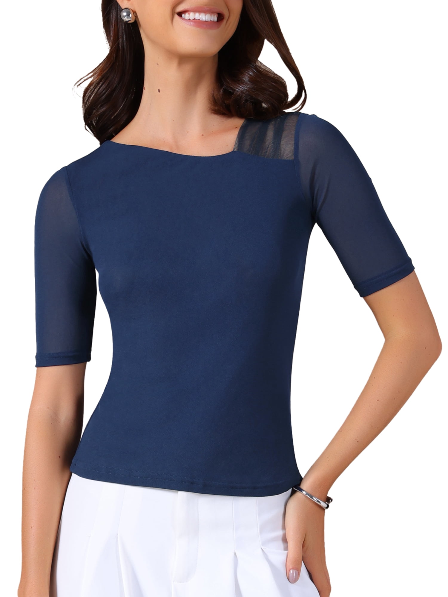 DARING DIVA Women's Half Sleeves Solid Color Stretchy Slim Fit T-Shirts S Navy