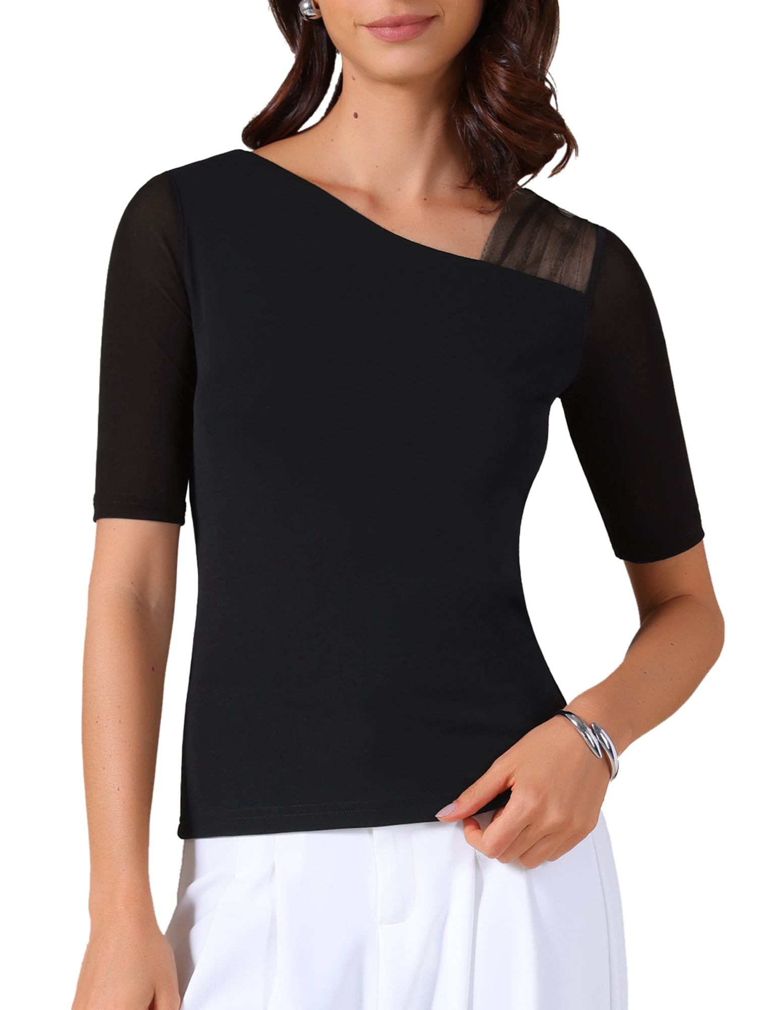 DARING DIVA Women's Half Sleeves Solid Color Stretchy Slim Fit T-Shirts XS Black
