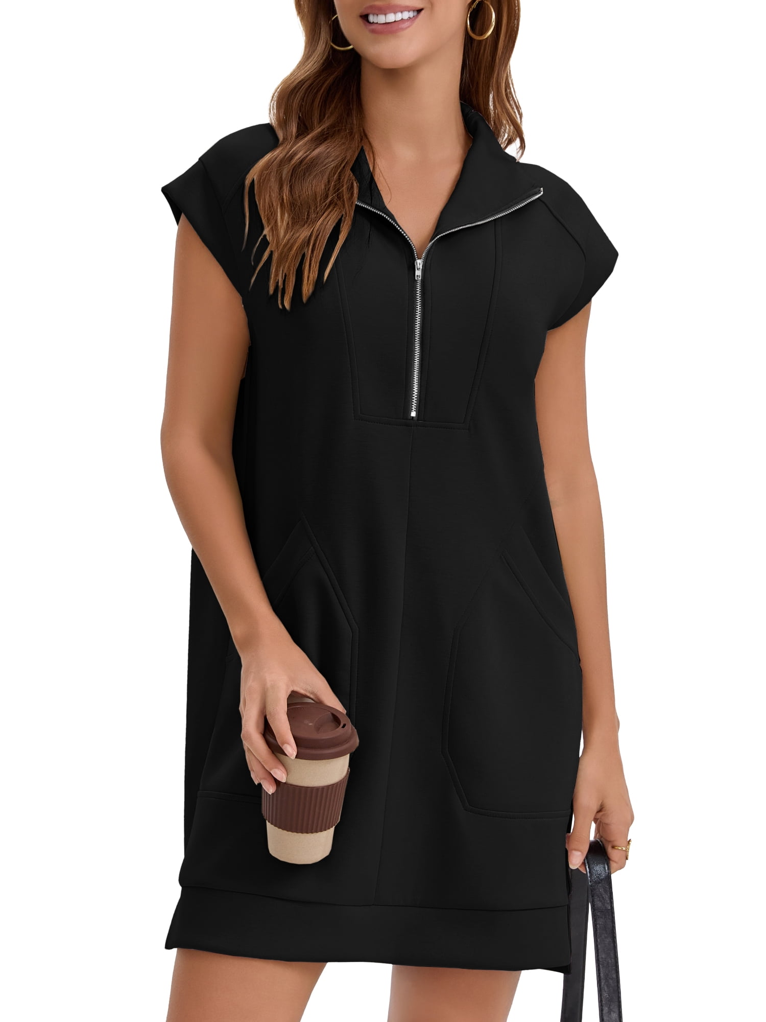 DARING DIVA Women's Half Zip Cap Sleeve V Neck Collared Tunic Dresses S Black