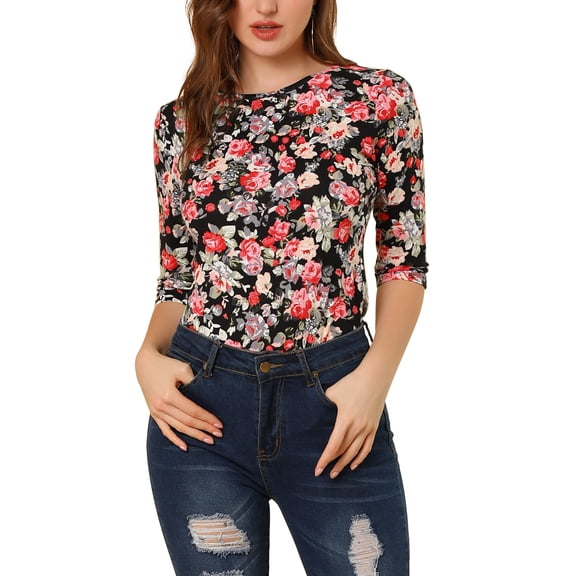 DARING DIVA Women's Halloween Costume 1/2 Sleeve Floral Top M Black-Floral