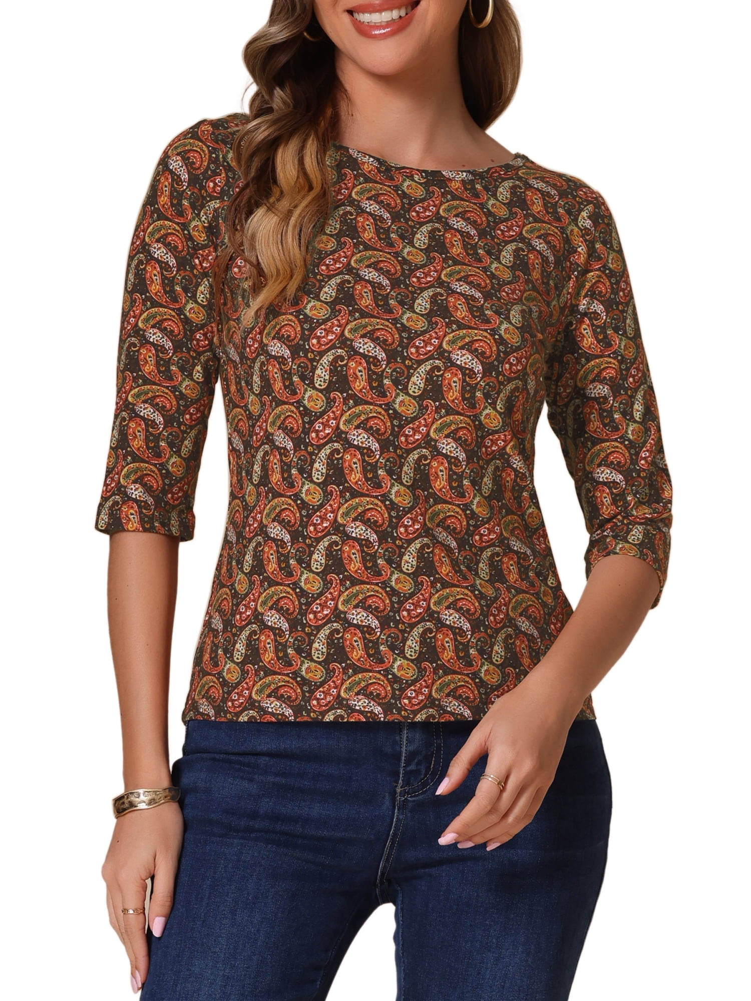 DARING DIVA Women's Halloween Costume 1/2 Sleeve Floral Top M Coffee-Paisley