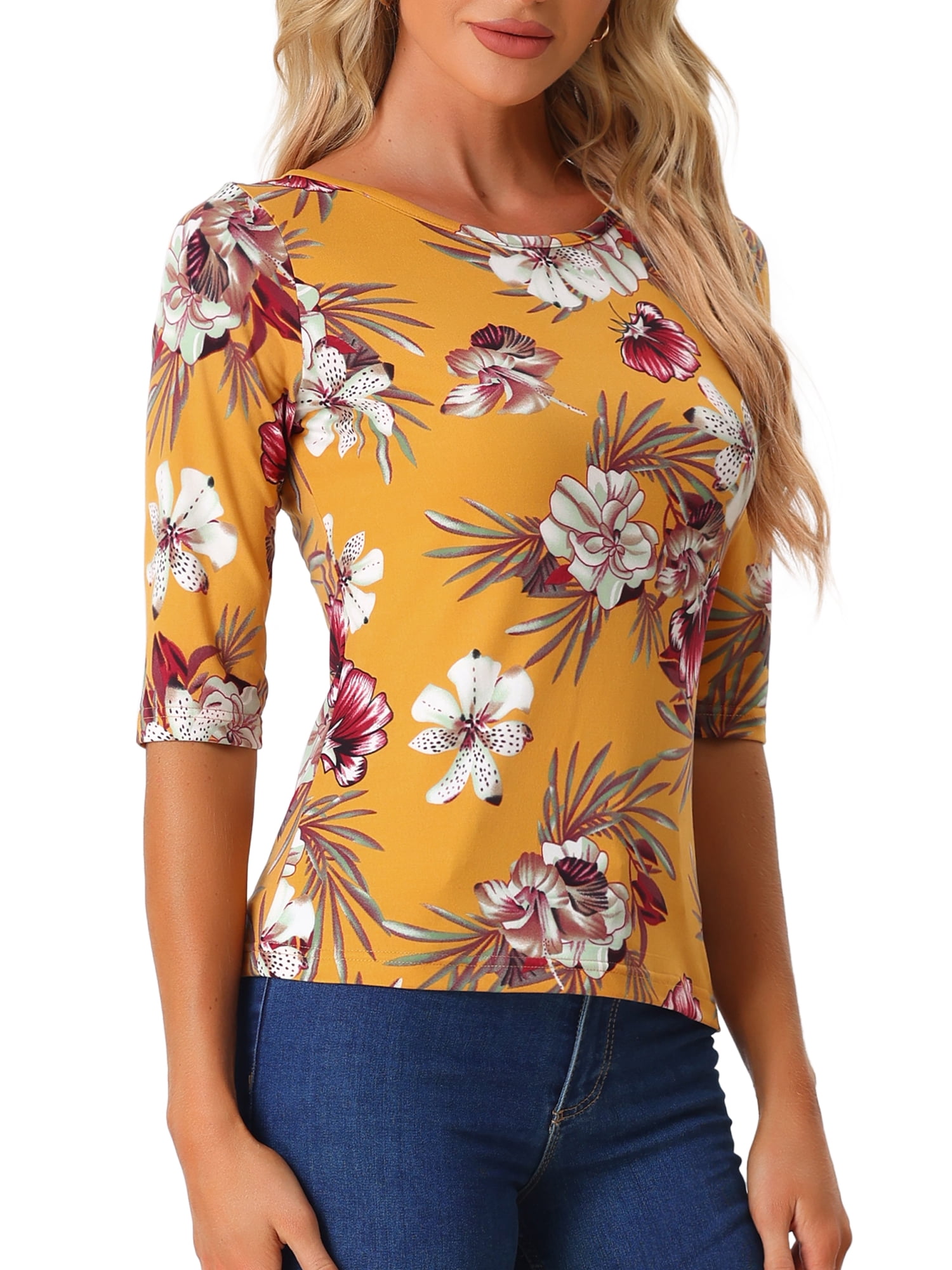 DARING DIVA Women's Halloween Costume 1/2 Sleeve Floral Top M Yellow-Floral