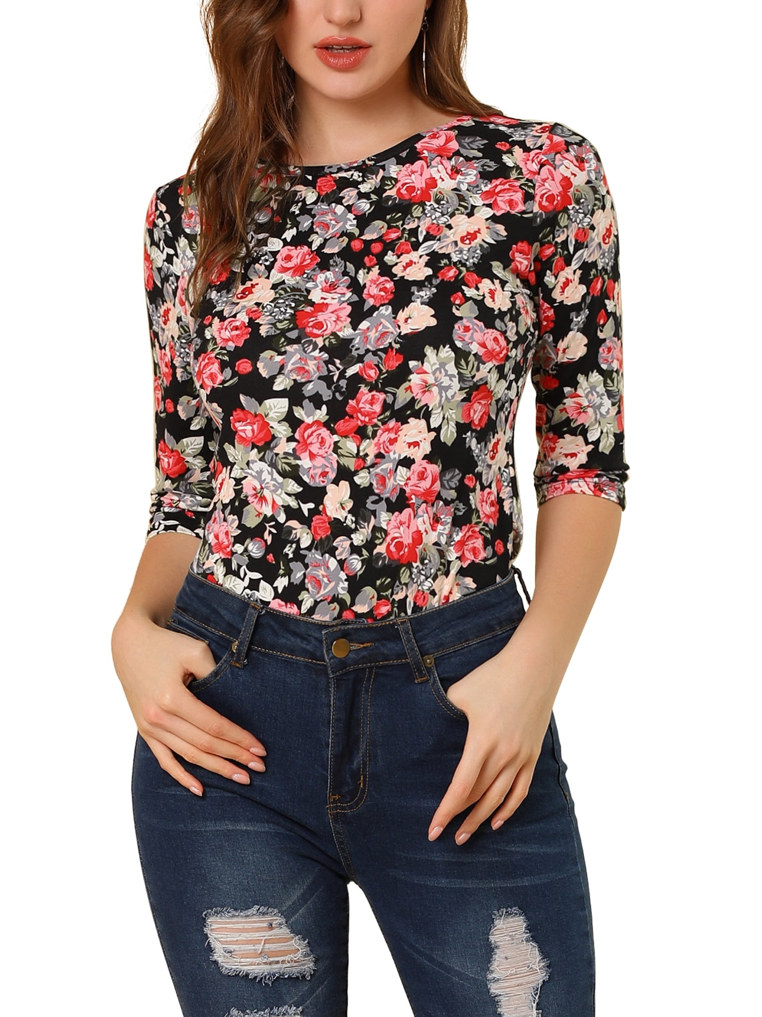DARING DIVA Women's Halloween Costume 1/2 Sleeve Floral Top XL Black-Floral
