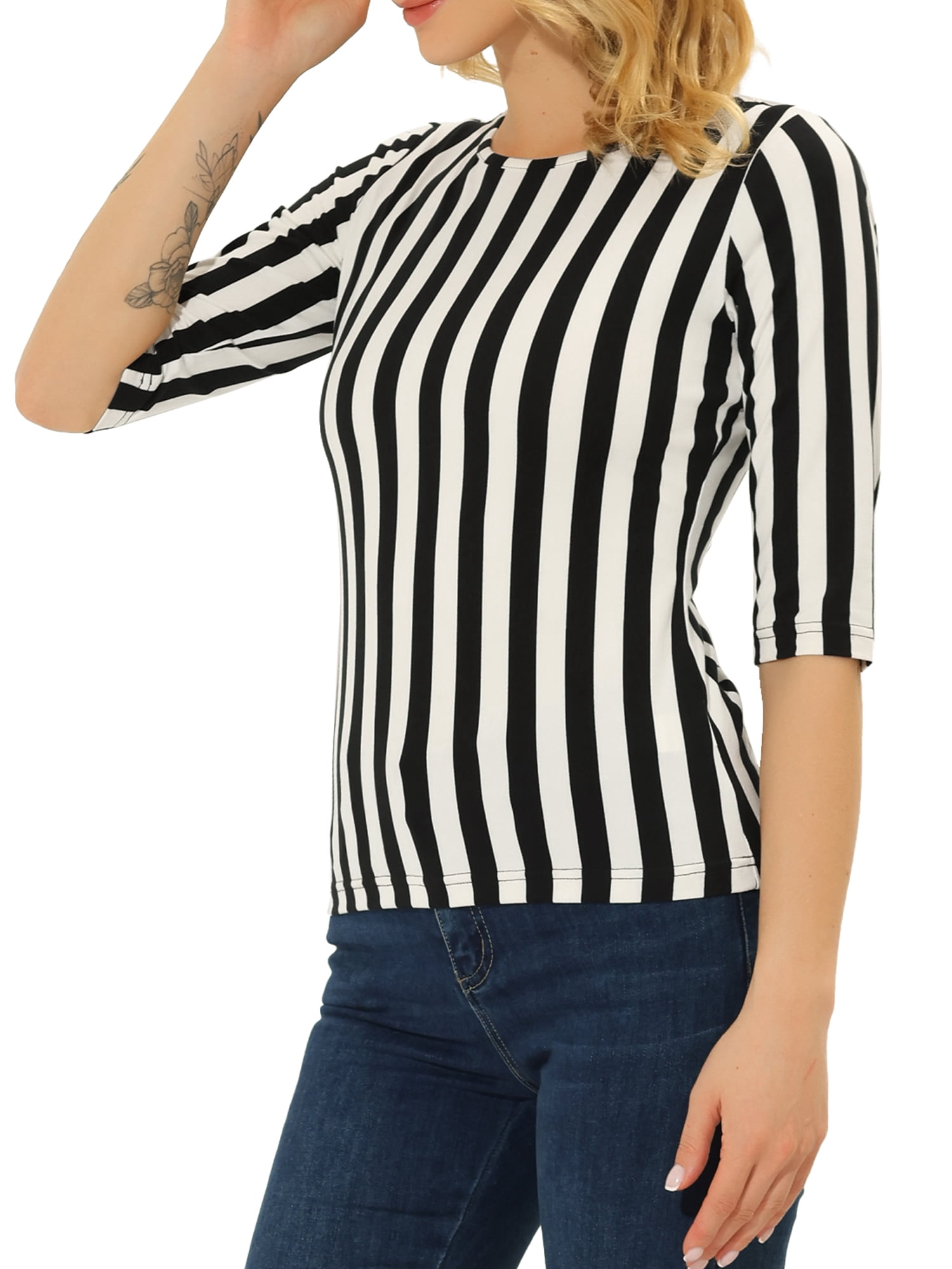 DARING DIVA Women's Halloween Costume 1/2 Sleeve Floral Top XL Black-Vertical Stripe