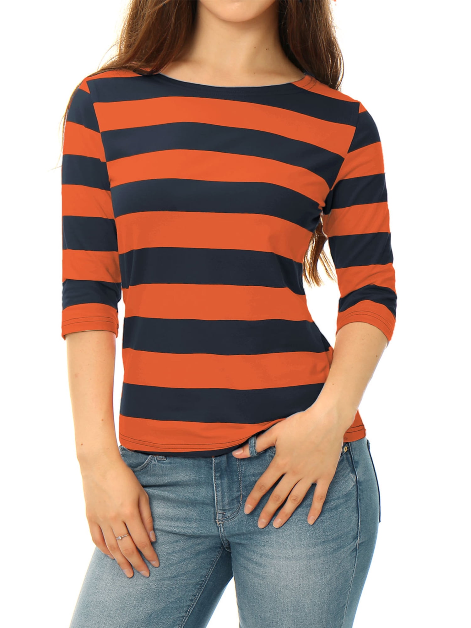 DARING DIVA Women's Halloween Costume Boat Neck Top T-Shirts L Orange Navy