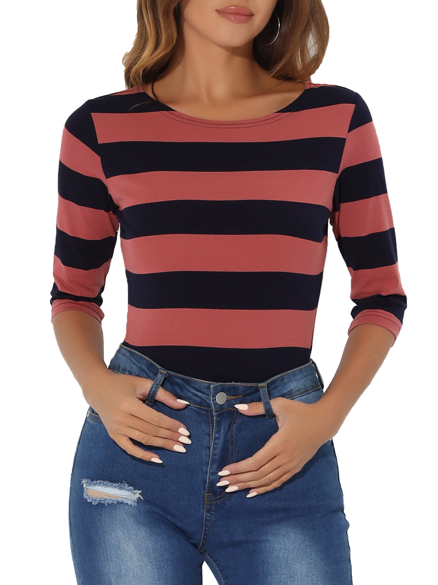 DARING DIVA Women's Halloween Costume Boat Neck Top T-Shirts S Hot Pink Navy