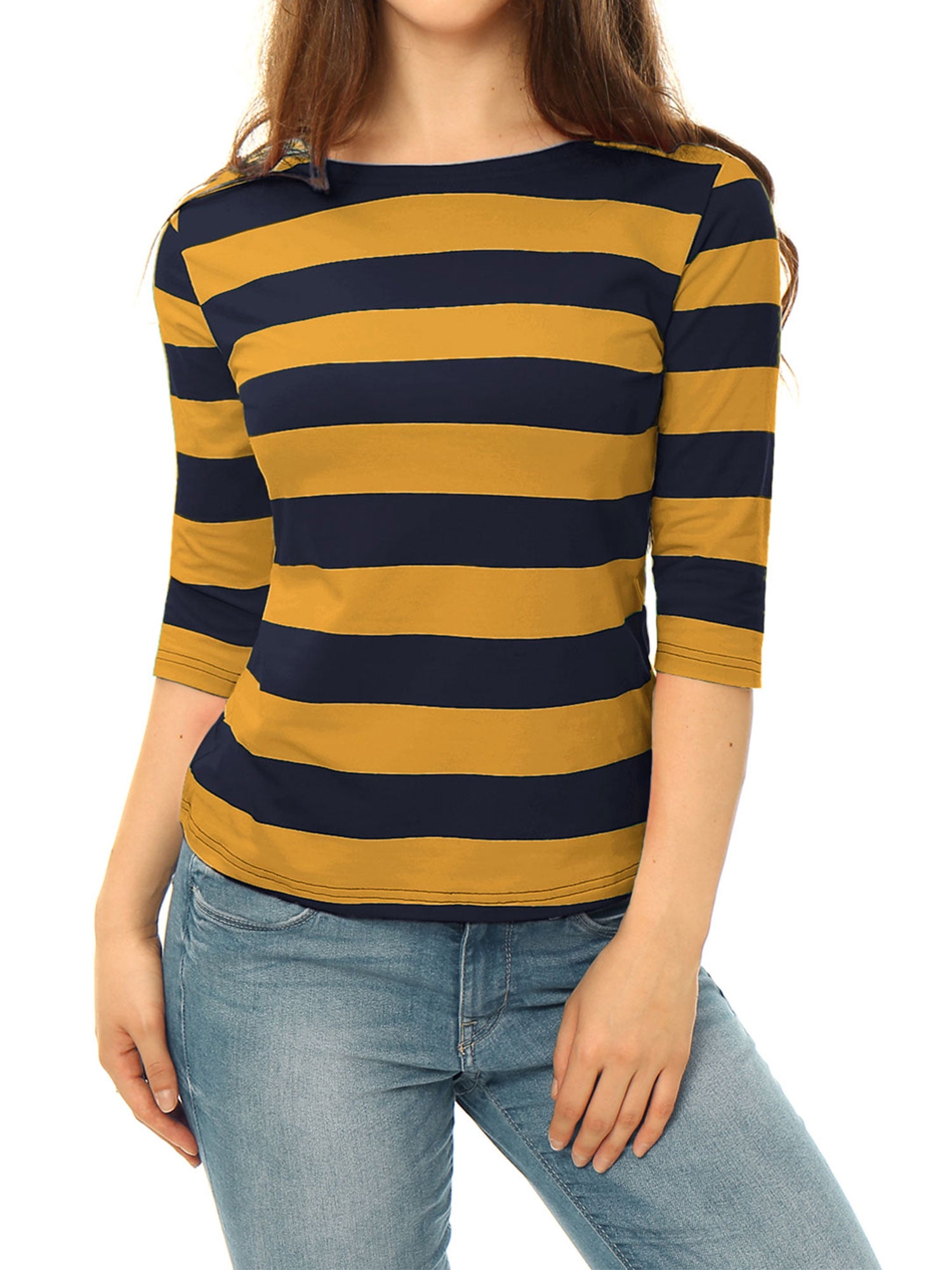 DARING DIVA Women's Halloween Costume Boat Neck Top T-Shirts S Mustard Navy