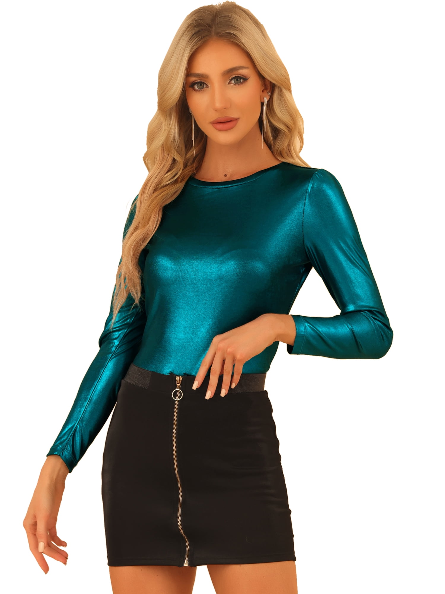 DARING DIVA Women's Halloween Metallic Shirts Sparkly Disco Party Shiny Tops XS Blue