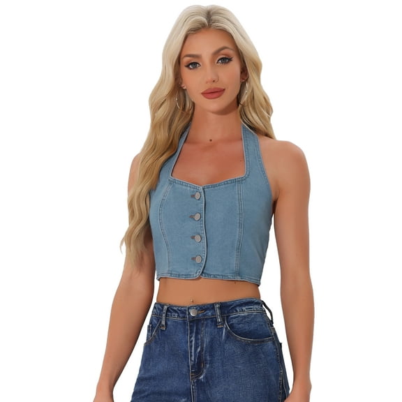 DARING DIVA Women's Halter Denim Crop Tank Tops L Light Blue