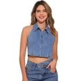 thumbnail image 1 of DARING DIVA Women's Halter Denim Top Zipper Up Collared Sleeveless Corset L Light Blue, 1 of 5