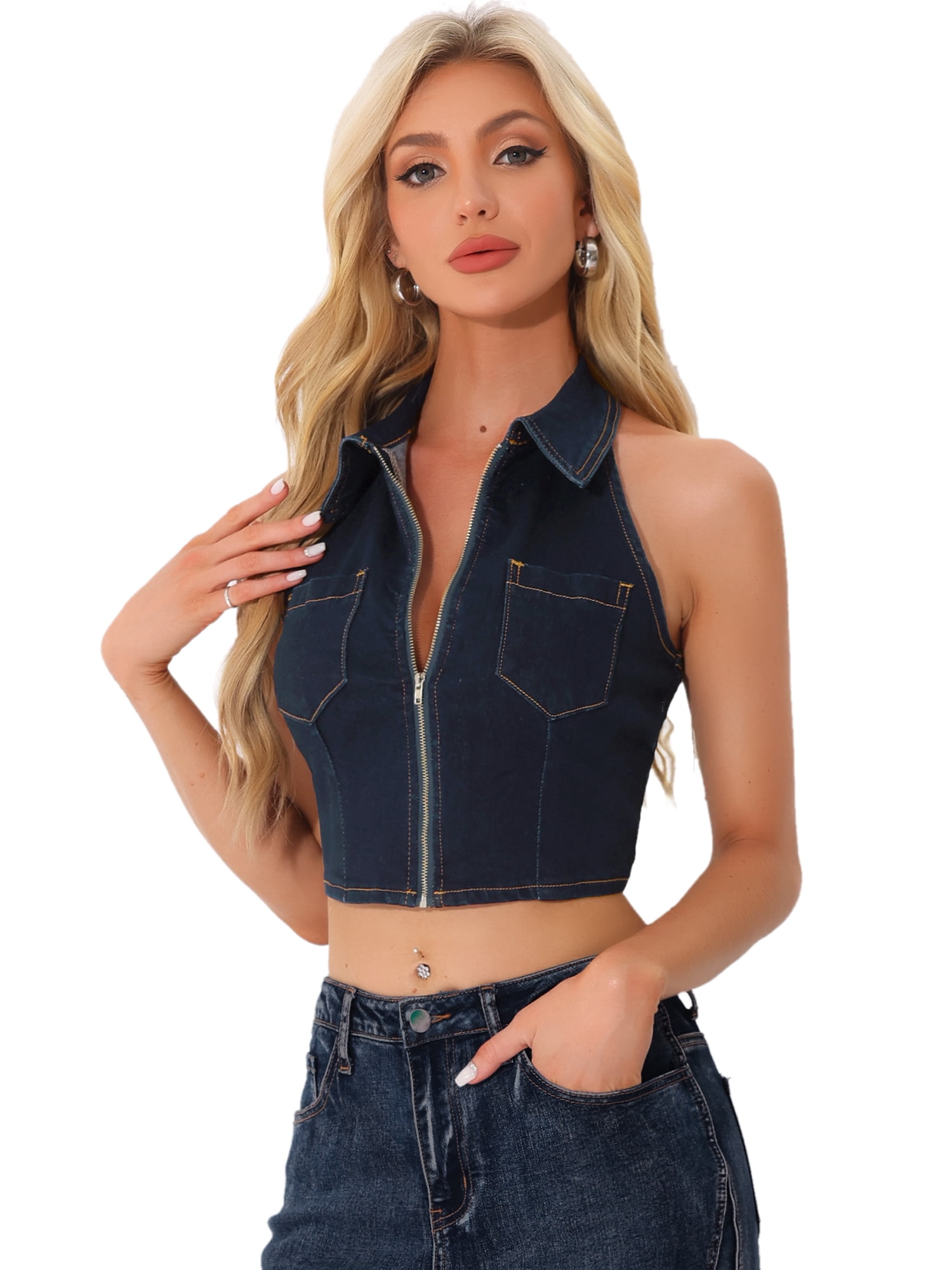 DARING DIVA Women's Halter Denim Top Zipper Up Collared Sleeveless Corset M Black Blue