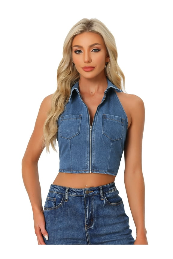 Women's Halter Denim Top Zipper Up Collared Sleeveless Corset S Blue