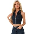 thumbnail image 1 of DARING DIVA Women's Halter Denim Top Zipper Up Collared Sleeveless Corset XS Black Blue, 1 of 6