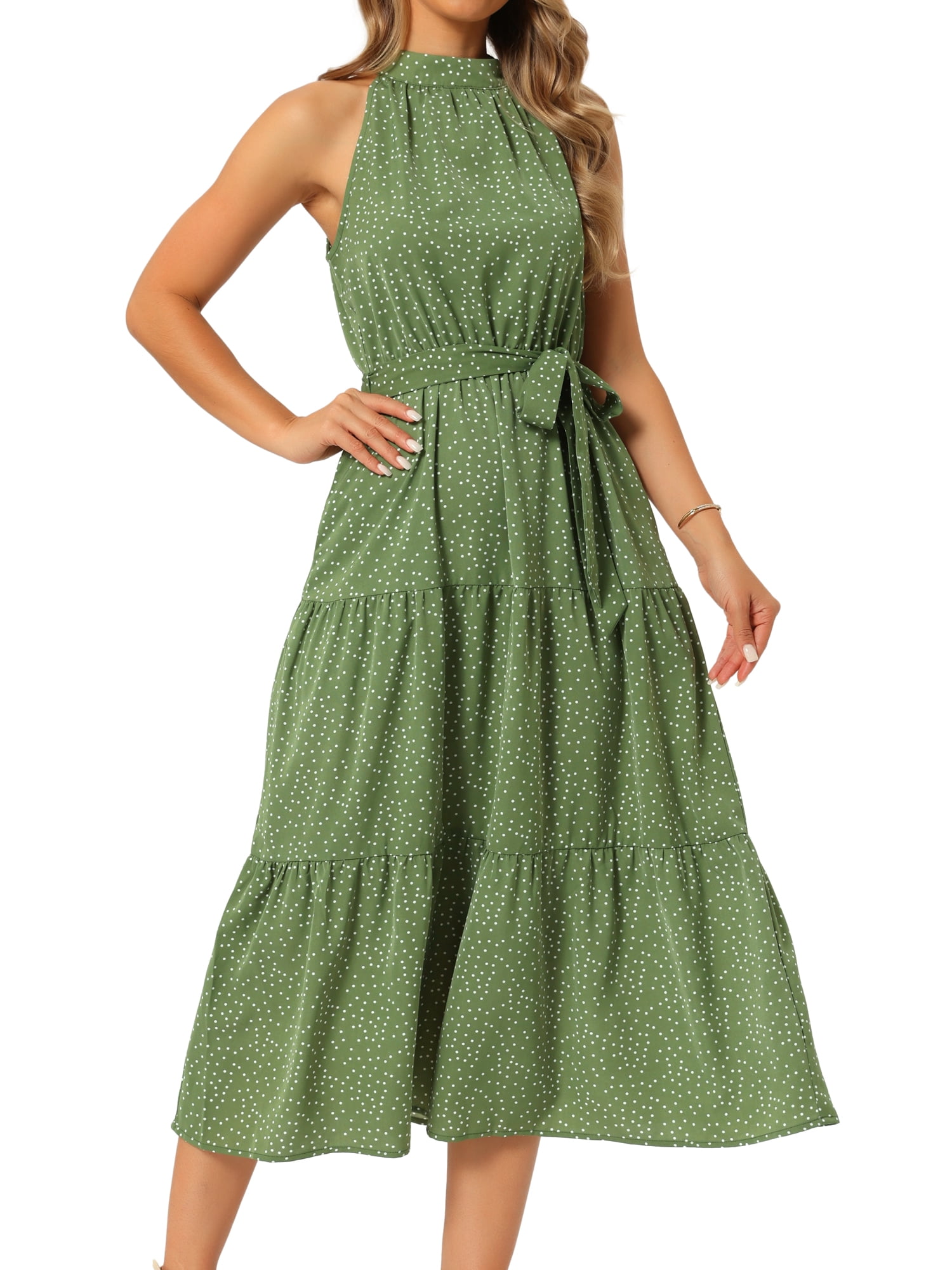 DARING DIVA Women's Halter Dress Tiered Belt Waisted A-Line Flowy Cocktail Dresses S Green