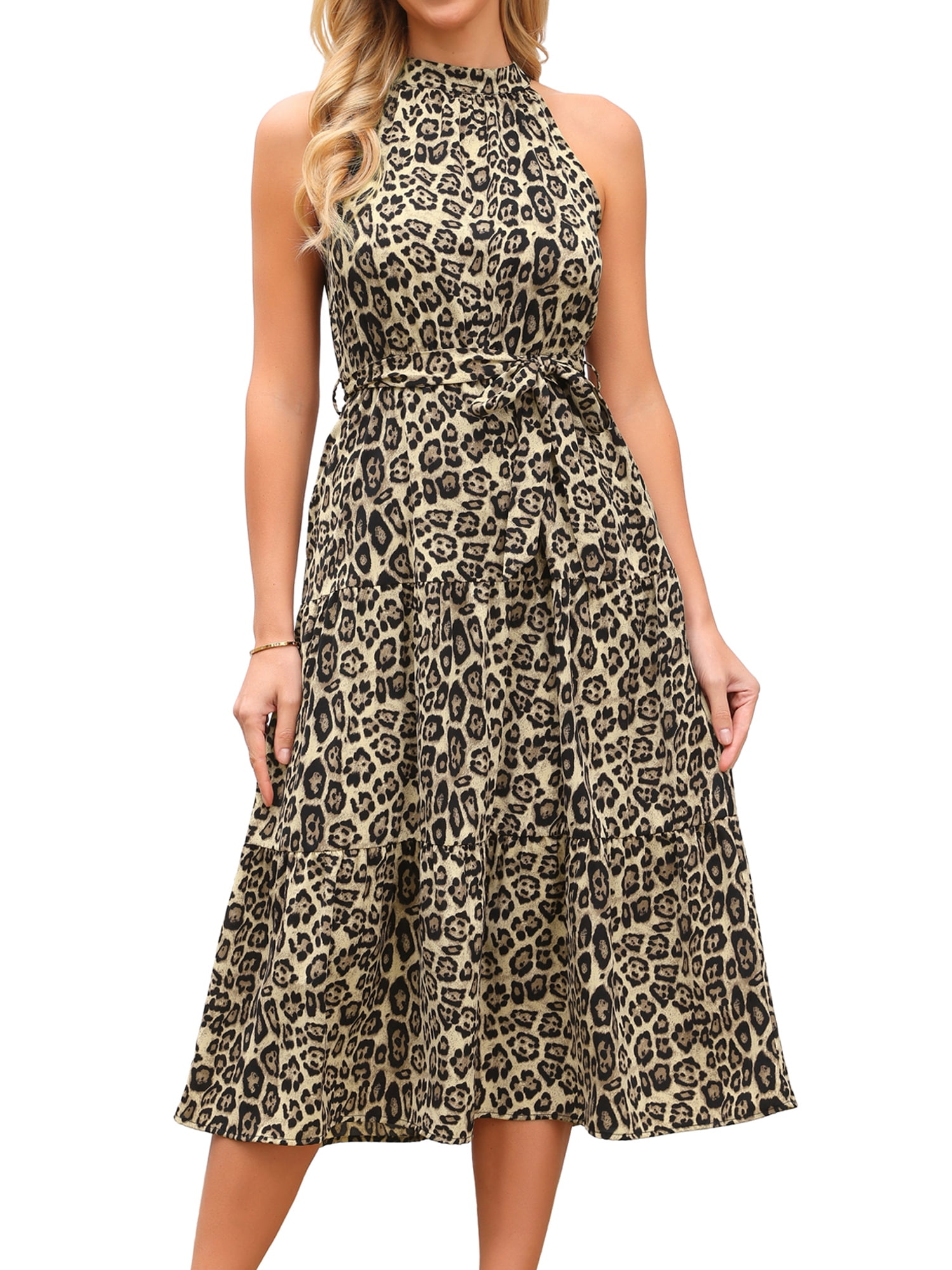 DARING DIVA Women's Halter Dress Tiered Belted A-Line Flowy Cocktail Dresses M Apricot