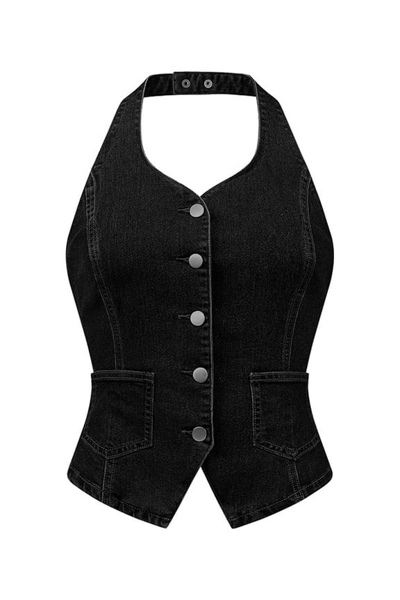 Women's Halter Neck Button Down Backless Jean Waistcoat L Black
