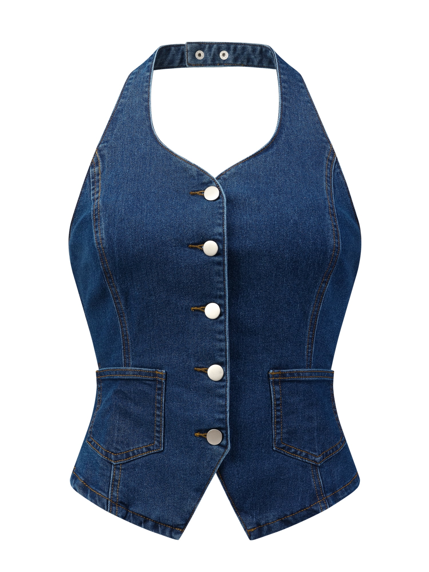 DARING DIVA Women's Halter Neck Button Down Backless Jean Waistcoat L Dark Blue