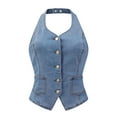 thumbnail image 1 of DARING DIVA Women's Halter Neck Button Down Backless Jean Waistcoat M Blue, 1 of 6