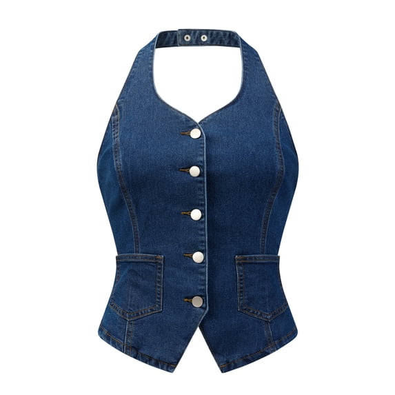 DARING DIVA Women's Halter Neck Button Down Backless Jean Waistcoat M Dark Blue