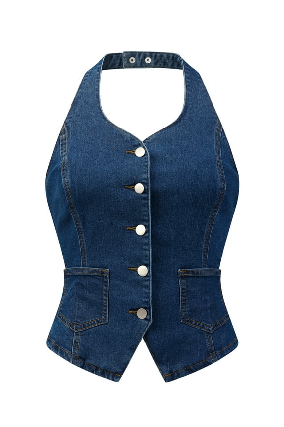 Women's Halter Neck Button Down Backless Jean Waistcoat M Dark Blue