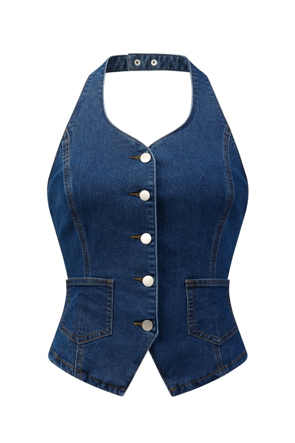 Women's Halter Neck Button Down Backless Jean Waistcoat S Dark Blue