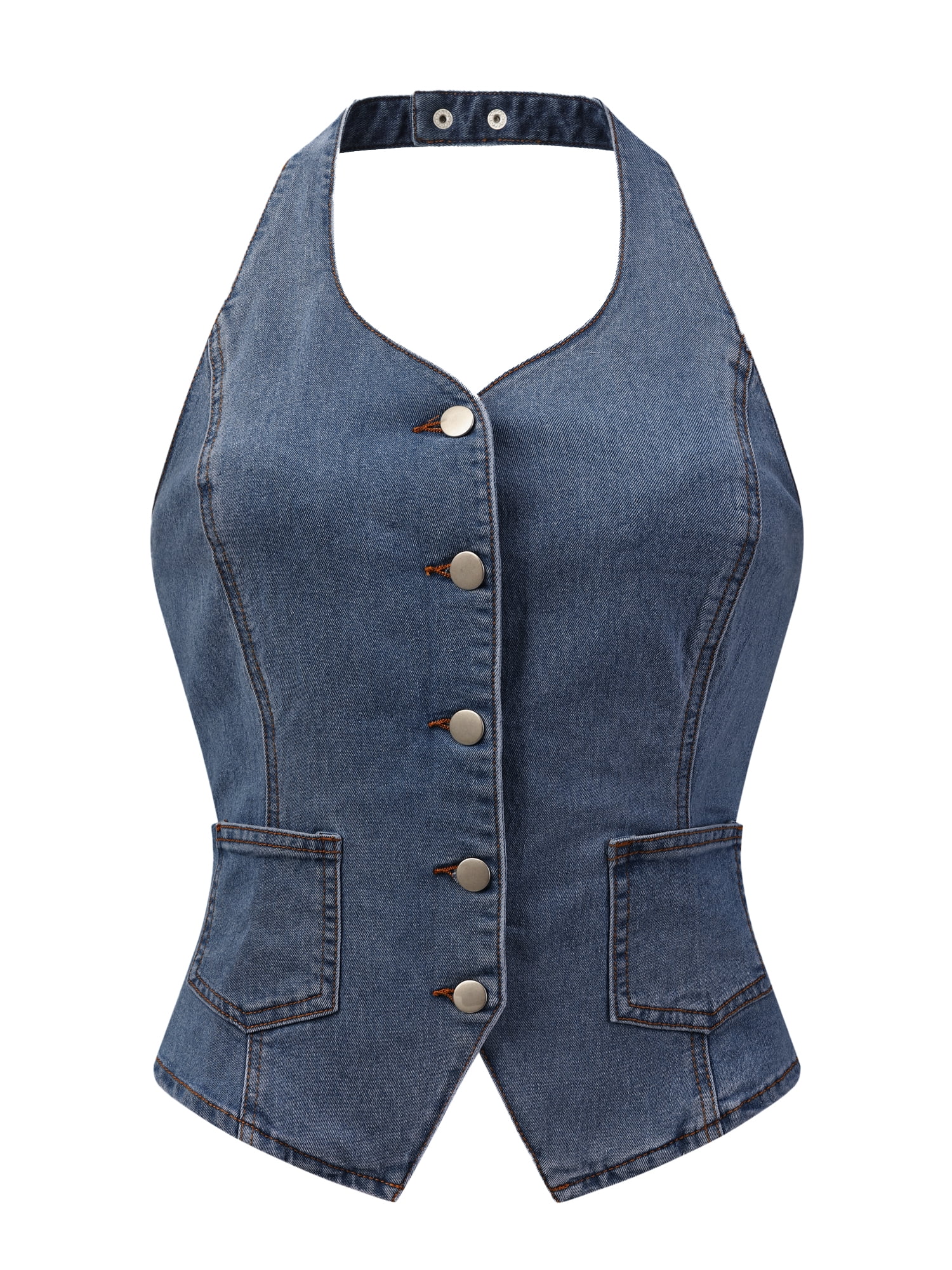 DARING DIVA Women's Halter Neck Button Down Backless Jean Waistcoat S Gray Blue