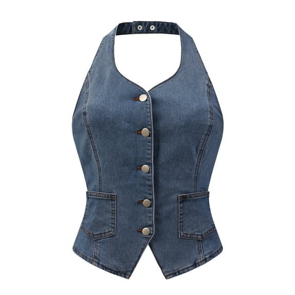 DARING DIVA Women's Halter Neck Button Down Backless Jean Waistcoat S Gray Blue