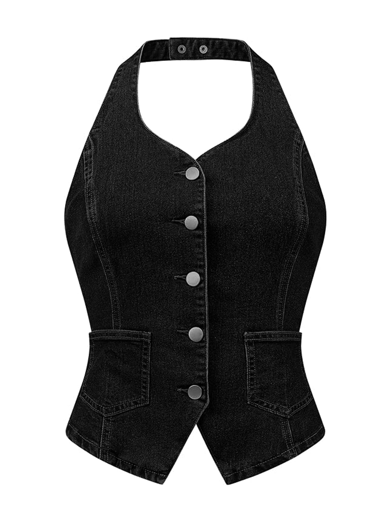 DARING DIVA Women's Halter Neck Button Down Backless Jean Waistcoat XL Black