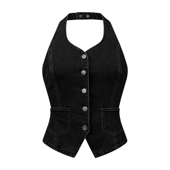 DARING DIVA Women's Halter Neck Button Down Backless Jean Waistcoat XL Black