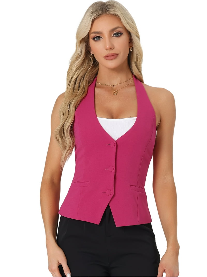 DARING DIVA Women's Halter Neck Button Down Suit Waistcoat Vest S