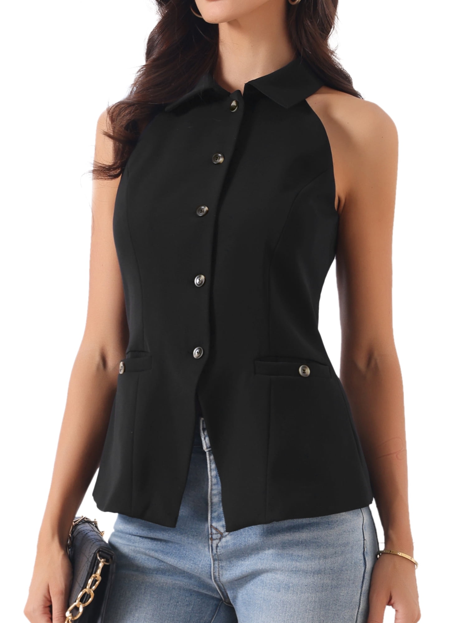 DARING DIVA Women's Halter Neck Collared Button Up Suit Vest Top S Black