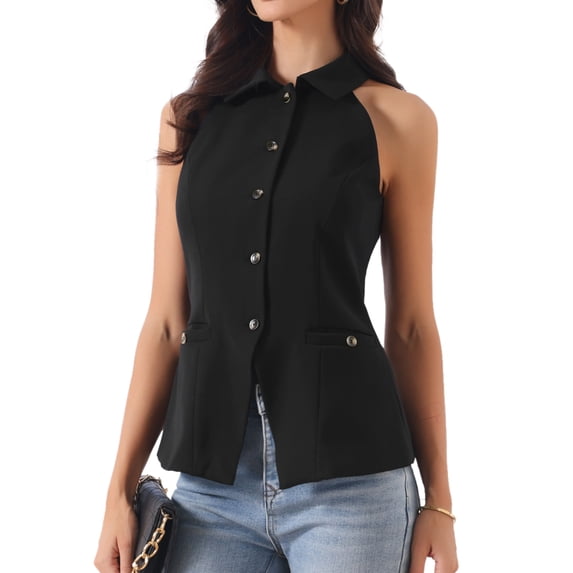 DARING DIVA Women's Halter Neck Collared Button Up Suit Vest Top XS Black