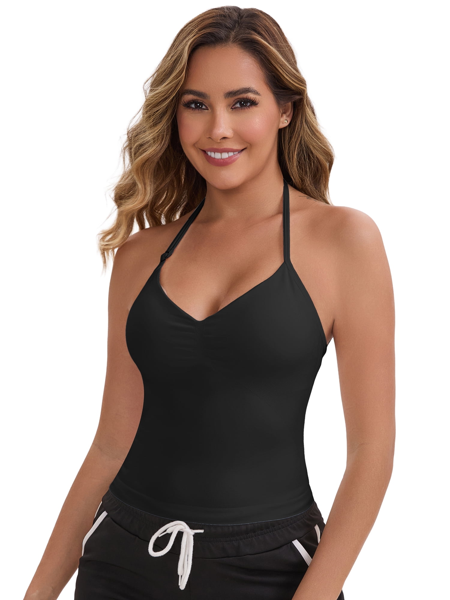 DARING DIVA Women's Halter Neck Padded Adjustable Spaghetti Straps Tank Top M Black