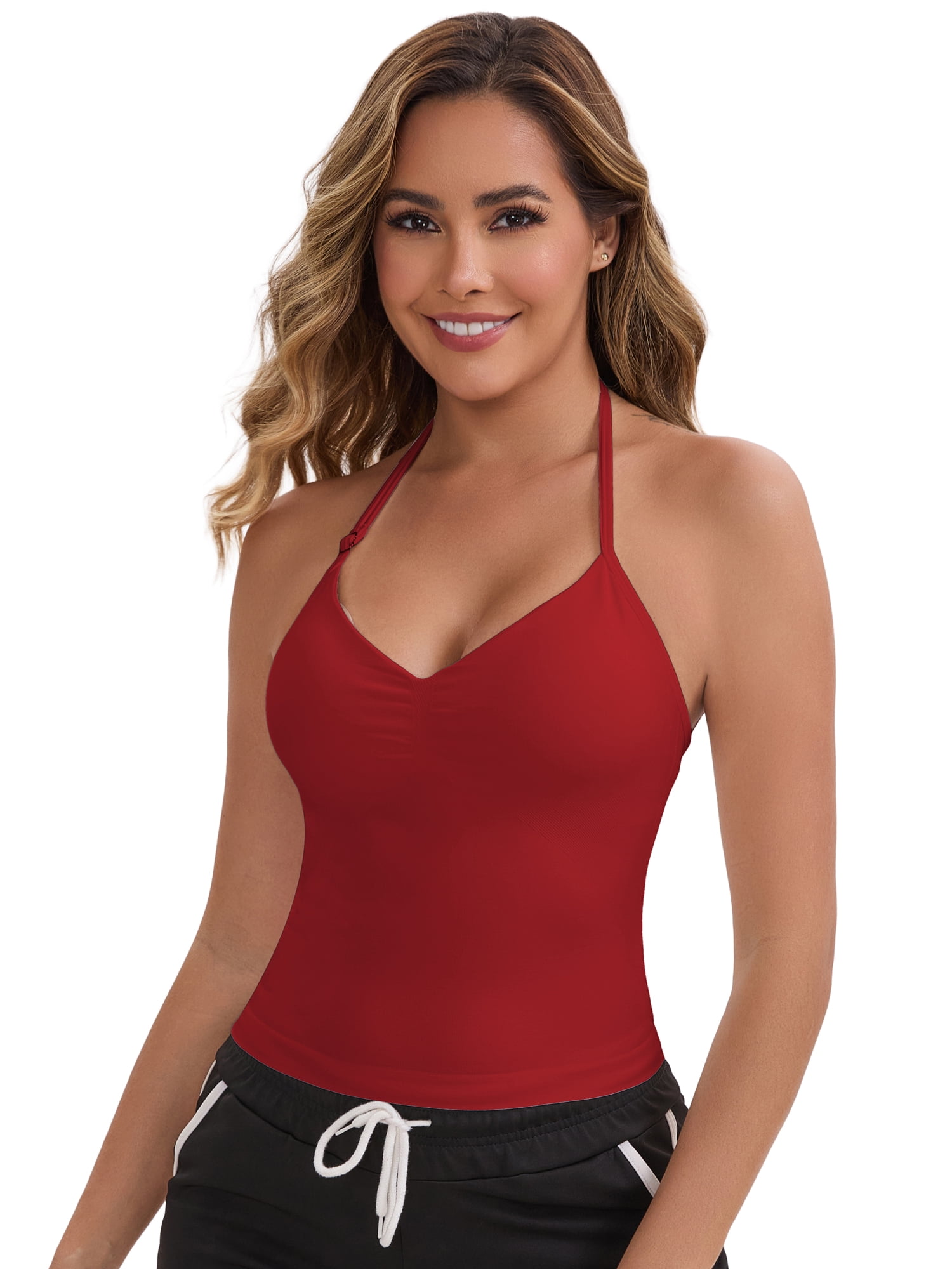 DARING DIVA Women's Halter Neck Padded Adjustable Spaghetti Straps Tank Top S Dark Red