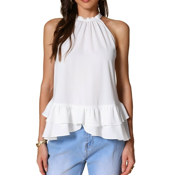 DARING DIVA Women's Halter Neck Peplum Hem Sleeveless Top XS White