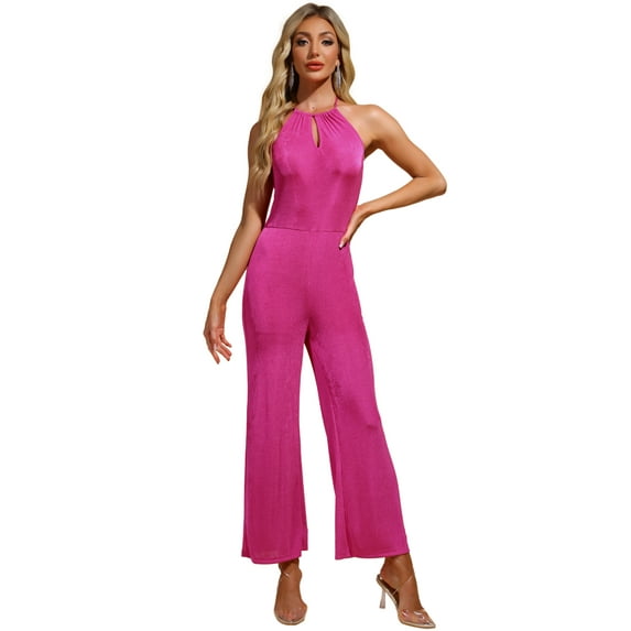 DARING DIVA Women's Halter Neck Sleeveless High Waisted Wide Leg Jumpsuits S Hot Pink