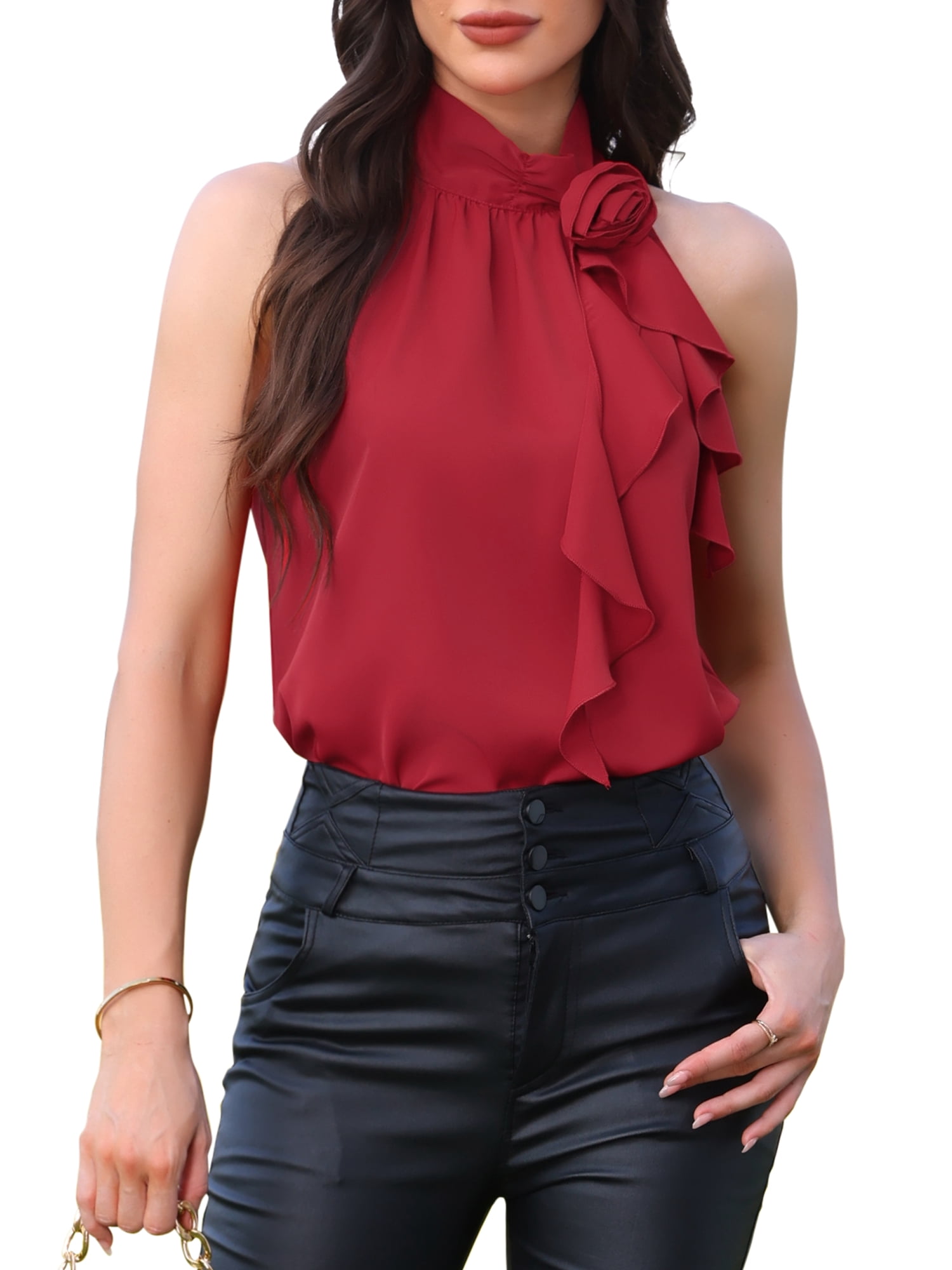 DARING DIVA Women's Halter Neck Top 3D Floral Sleeveless Dressy Casual Blouse M Red