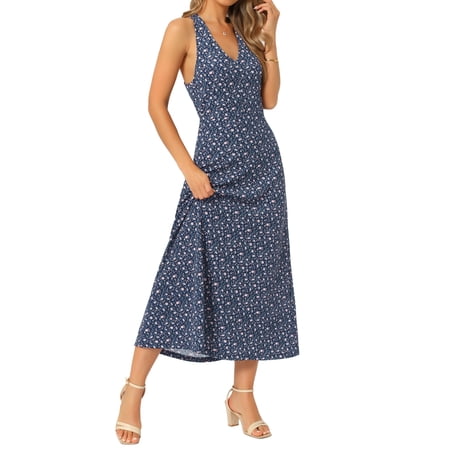 DARING DIVA Women's Halter Sleeveless A-line Maxi Floral Print Casual Sundress L Navy