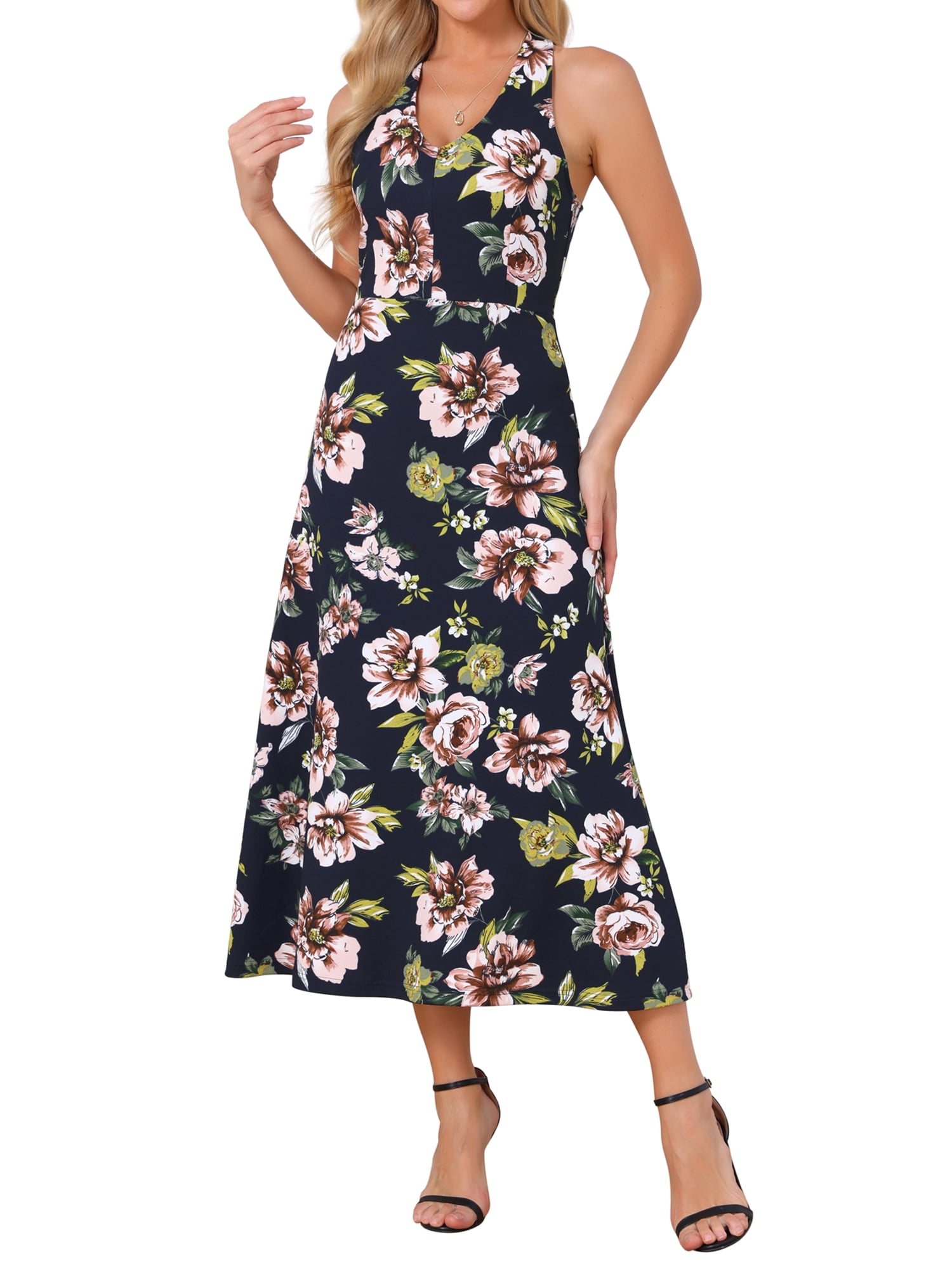 DARING DIVA Women's Halter Sleeveless A-line Maxi Floral Print Sundress M Black Blue