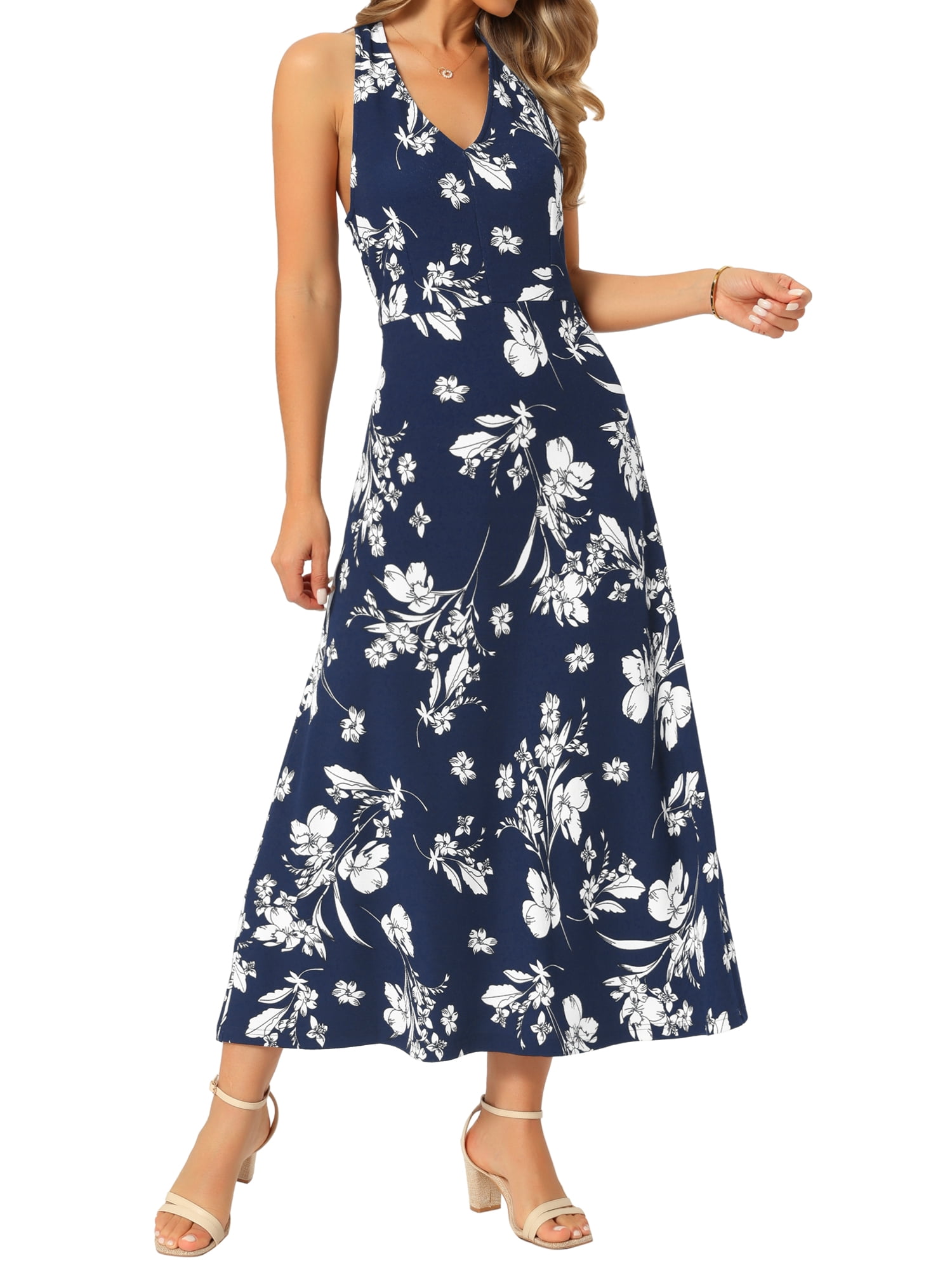 DARING DIVA Women's Halter Sleeveless A-line Maxi Floral Print Casual Sundress M Dark Blue