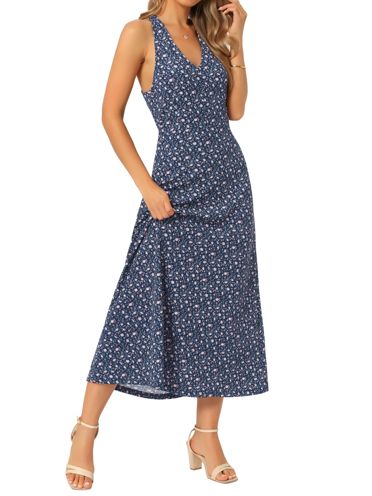 DARING DIVA Women's Halter Sleeveless A-line Maxi Floral Print Casual Sundress M Navy