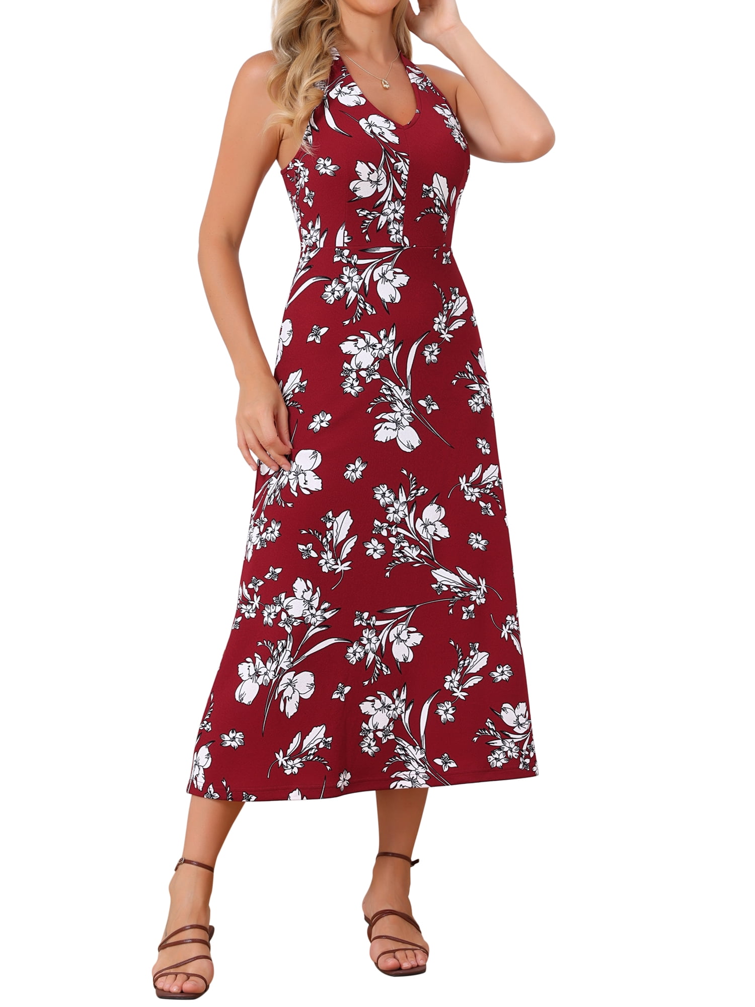 DARING DIVA Women's Halter Sleeveless A-line Maxi Floral Print Casual Sundress M Red Wine
