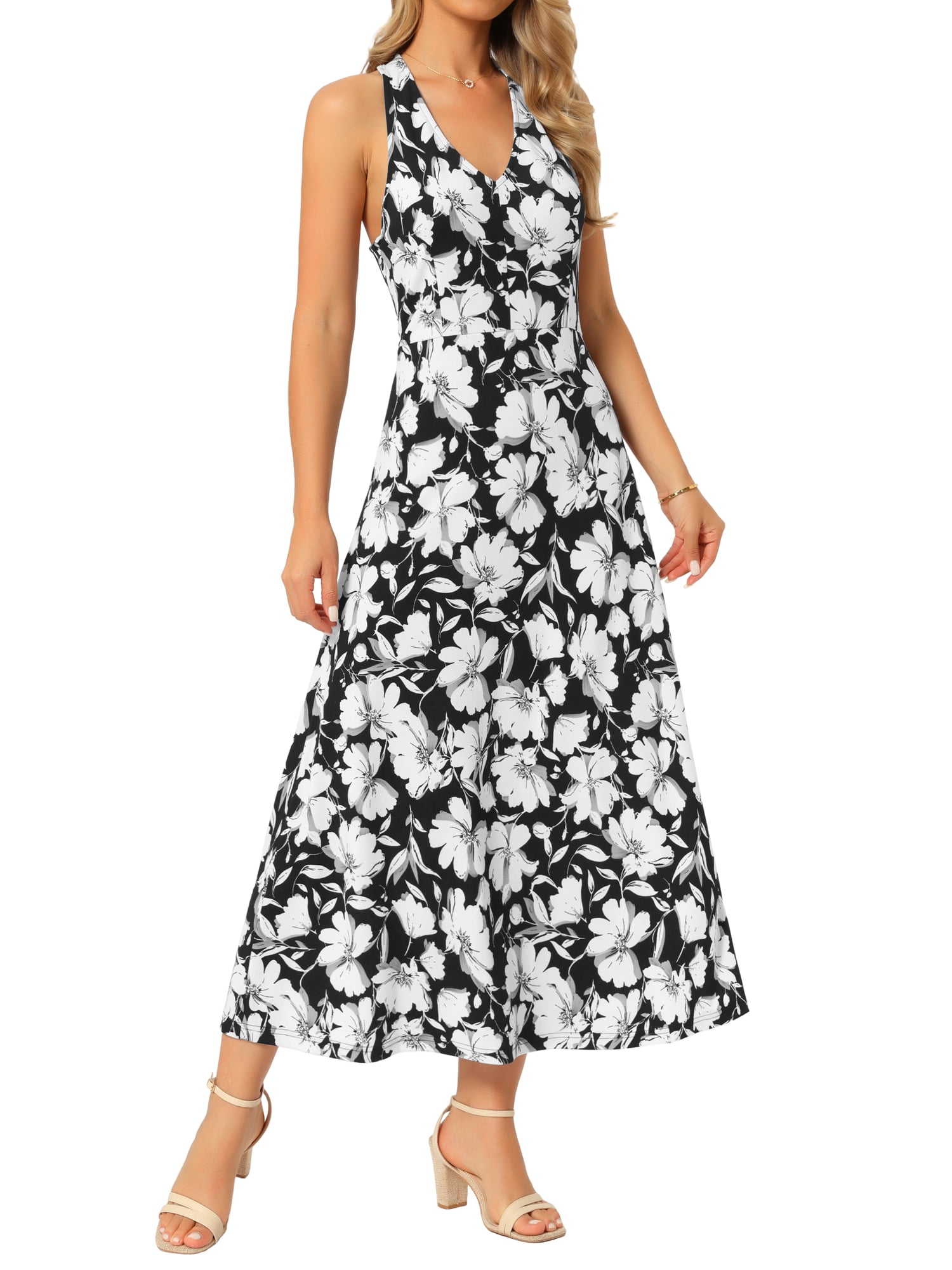 DARING DIVA Women's Halter Sleeveless A-line Maxi Floral Print Casual Sundress S Black
