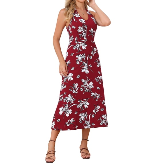 DARING DIVA Women's Halter Sleeveless A-line Maxi Floral Print Casual Sundress S Red Wine